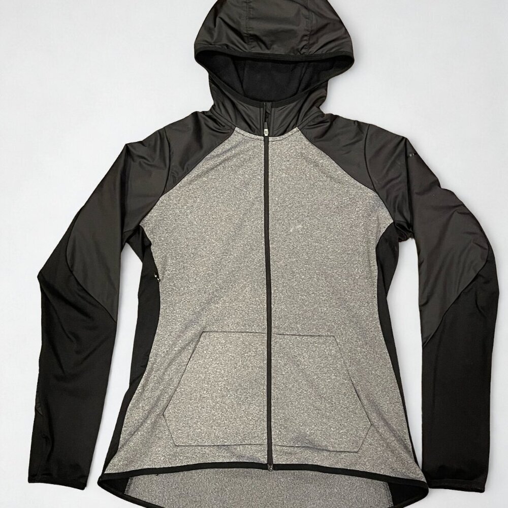 Nike Dri-FIT Hooded Full Zip Jacket Gray Black Woven Overlay Thumbholes Size L